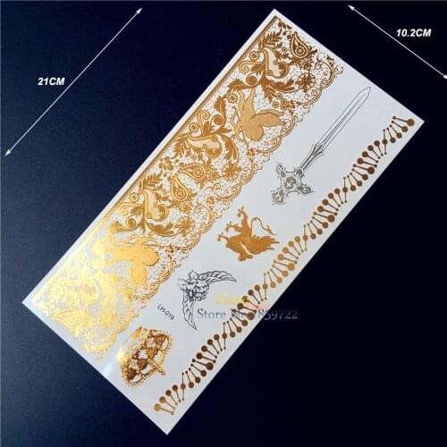1PC Gold Silver Henna Tattoo Lace Flower Cupid Sword Crown Griffin Arm Tattoo HLH19 Waterproof Metallic Temporary Tattoo Sticker