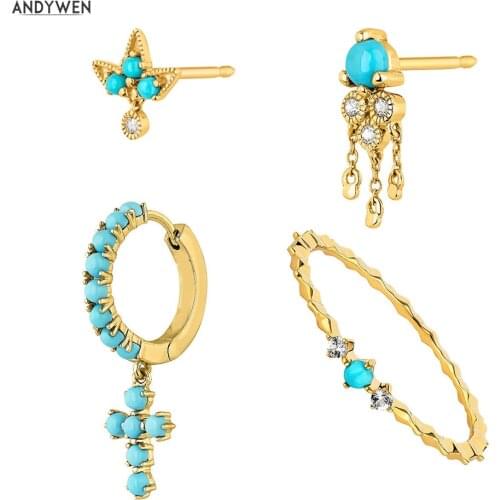 ANDYWEN 925 Sterling Silver Gold Turquoise Zircon CZ Stud Earring Piercing Pendiente Luxury Jewelry For Women Clips Loops