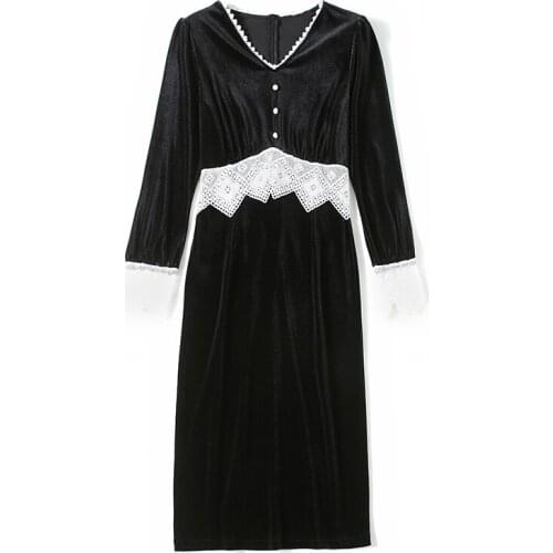 Velvet Splicing Lace Vestidos Black Elegant Retro Robe Trendy Luxurious Spring Fall Plus Size Dress Women Office Women Clothes