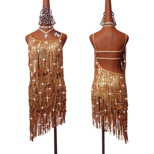 Shiny Latin Dance Dresses Womens Singer Night Club Costume Sexy Sling Halter Gold Sequined Fringe Latin Dance Dress