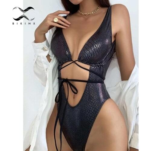 Shiny snake print one-piece suit Deep v neck swimsuit women High cut swimwear Sexy string bathing suit Backless hollow monokini