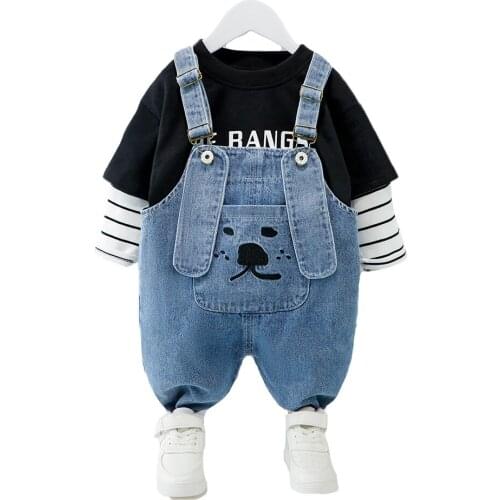 New Spring Autumn Dogs Overalls Jeans And Blouse Boys Clothing Set Kids Cartoon Bib Pants Handsome Fashion Toddler Children Suit