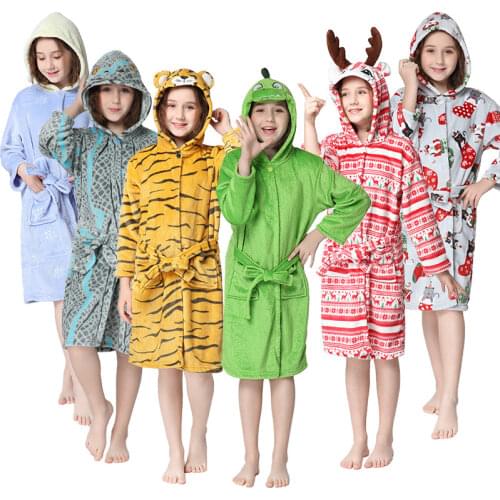 Childrens Bathrobe Cartoon Flannel Nightgown For Boys Girls Winter Pajamas Christmas Towel Robe Teen Dressing Gown Baby Clothes