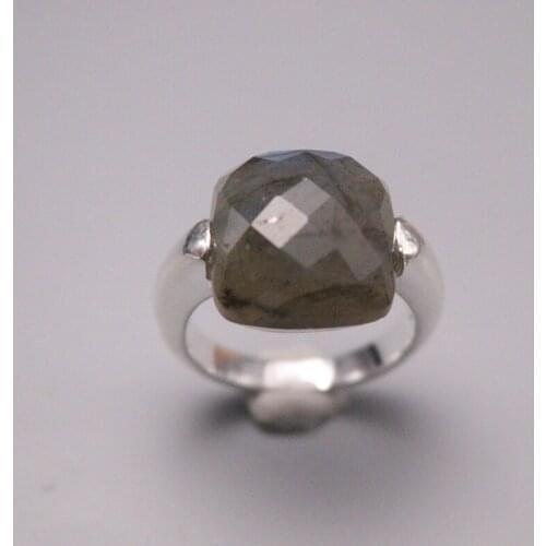 S925 Sterling Silver Ring Smoky Quartz Diamond-cut Square Cushion Ring US7 14mmW Fine Jewelry