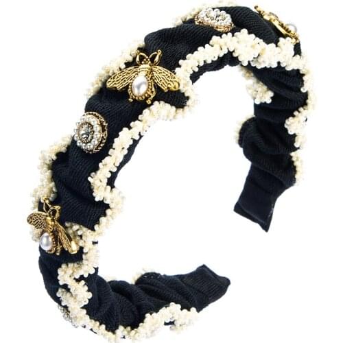 King Shiny Baroque Imitation Pearl Bee Designer Headband Vintage Crystal Beaded Wide-brimmer Hairband Girls Party Jewelry Bezel