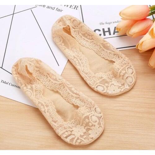 Lace Boat Socks Summer women girl Silica Gel Invisible Cotton Sole Non-slip Antiskid Slippers Anti-Slip Sock 2pcs=1pair