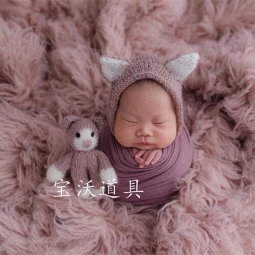 Cute Baby hat Toy Set Newborn Knit mohair Cat bonnet Photography Props HandKnit Stuffed Animal Toy Soft Mohair Hat Photo Props