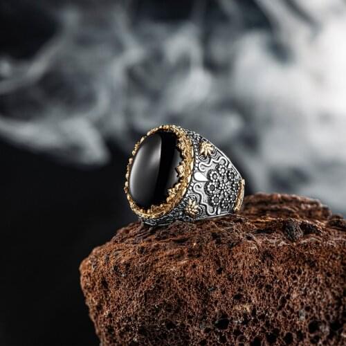 New Authentic Sterling Silver Antique Turkish Oval Black Onyx Stone Master Hand Ring Mens Rustic Hallmarked Male Jewelry