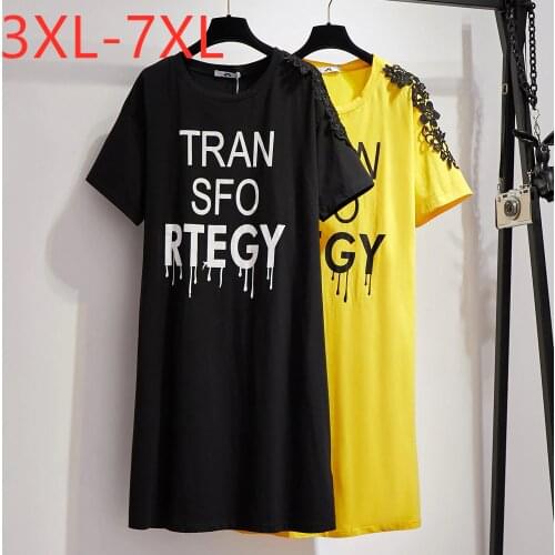 New 2021 summer plus size t-shirt dress for women large short sleeve loose cotton print letter dress yellow 3XL 4XL 5XL 6XL 7XL