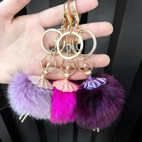 New Cute Mini Crown Bear Bow Keychain Handmade Fluffy Fur Pompom Ball Inlaid Rhinestone Lady Bag Accessory Car Key Ring Pendant