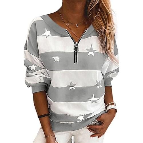 Autumn Womens Star Striped Hoodie Coats Casual Ladies Zipper Long Sleeve Pullover Sweatshirts WDC6083