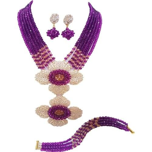 Lovely Purple Gold Nigerian Wedding African Beads Jewelry Set Necklace Sets 6DHJZ14