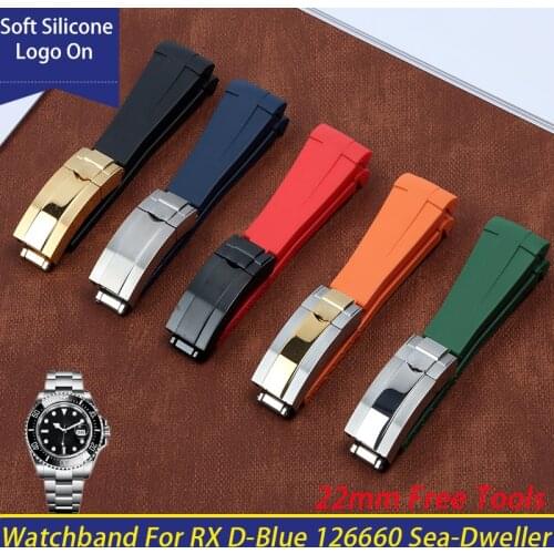 22mm Black Blue Red Green Curved End Soft Silicone Rubber Watchband For Role Strap D-Blue 126660 Sea-Dweller Bracelet Watch Band