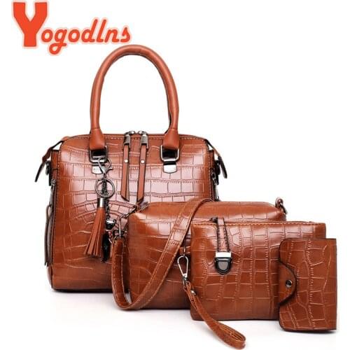 Yogodlns 4Pcs Luxury Crocodile Handbag Women PU Leather Top-handle Bag Designer Tassel Shoulder Bags Brands Female Crossbody Bag