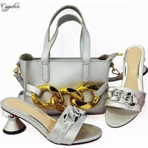 New Italian Design Silver Woman Shoes With Handbag Set 2021 Ladies Pumps Slippers And Shoulder Bag High Heels Sandals CR2901 6CM