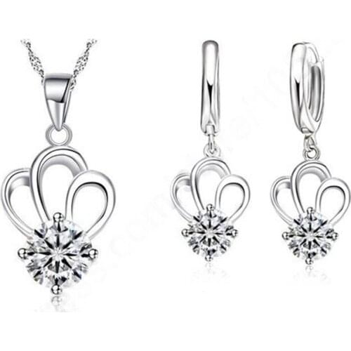 Fashion Bridal Wedding Party 925 Sterling Silver Crown Pendant Necklace Korea Stylish Earring Jewelry Sets
