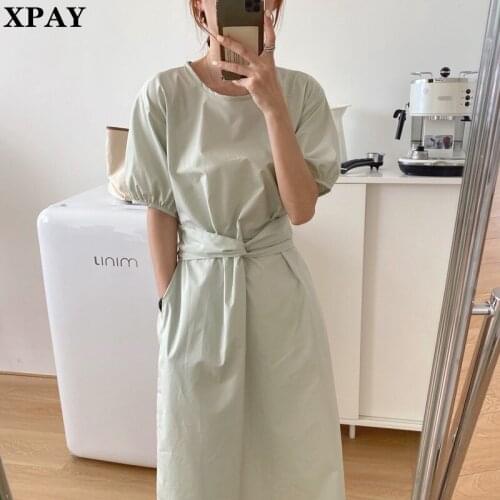 2020 New Summer Women Cross Bow Tie Long Dress Korean Chic High Waist Brief Solid Color Midi Dresses Plus Size Elegant Vestidos
