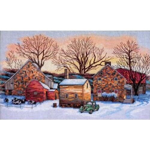 14/22/25ct Beautiful Lovely Counted Cross Stitch Kit Farm Hamlet Tome Home House at Dawn Green Car dim 35255