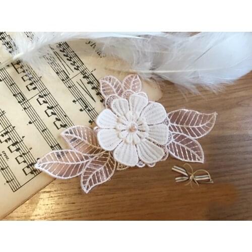 15.5CMX9CM 10pcs pink beads 3D flowers mesh embroidery lace appliques patches L14M148