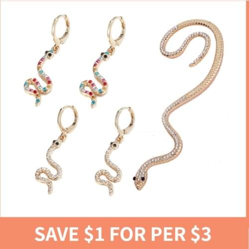 BISAER Trendy Vintage Snake Shape Drop Earrings For Women Girl Retro Gold Color CZ Earrings Fashion Statement Jewelry Bijoux