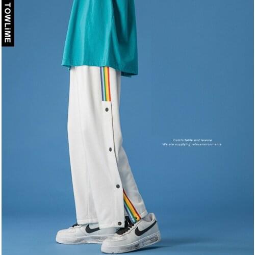 Men Side Colorful Striped Print Casual Pants Harajuku Streetwear Male Wide Leg Loose Track Pants Couple Korean Jogger Sweatpants