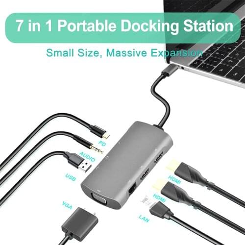 7-in-1 Portable Type-C Docking Station To 4K Dual HDMI-compatible Ethernet Port 1080P VGA RJ45 100W PD Fast Charging Port