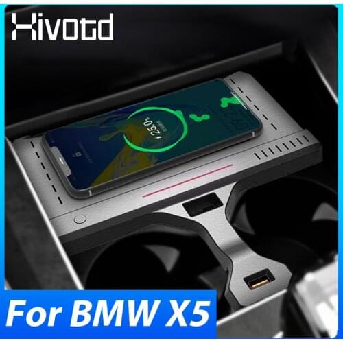 Hivotd Car Wireless Charger 15W QI Interior Accessories Driving Fast Phone Charging Holder Pad For BMW X5 G05 2019 2020 2021
