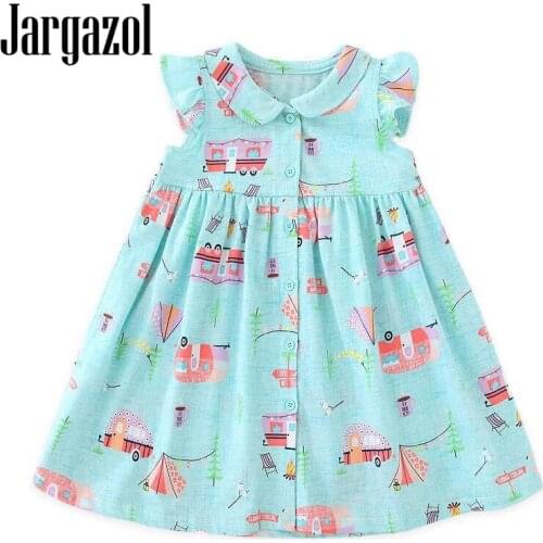 Jargazol Summer Flower Girls Dresses Vestidos Infantil Cartoon Car Printed Sleeveless Princess Dress for Girl Cute Kids Clothes