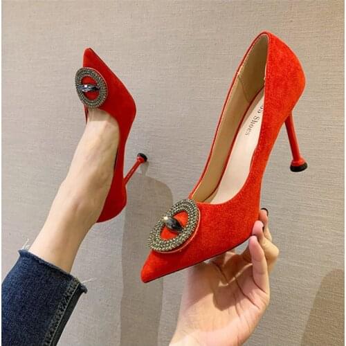 Korean fashion suede pointed high heels net red rhinestone stiletto womens singles banquet sexy womens shoes