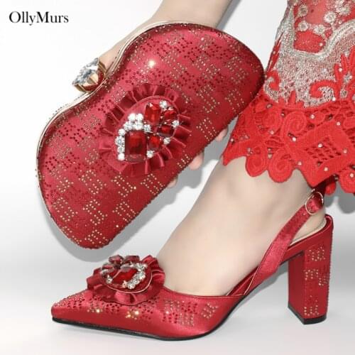 Hot Selling Elegant Crystal Strang Style Shoes And Bag Latest African High Heels Shoes And Bag Set For Wedding Size 38-43