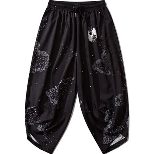 Bebovizi Black Traditional Chinese Style Kimono Pants Suit Male Casual Loose Print Trouser Men Japanese Yukata Asian Clothing