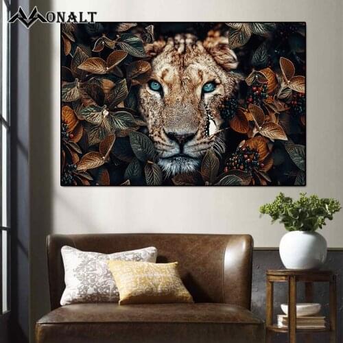 Lion Brown Leaves Flowers Afric Animal Poster Canvas Painting Big Horizontal Print wall pictures Abstract Living Room Decoration