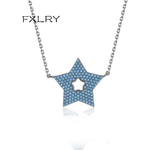 FXLRY Elegant Gun Black with Blue Cubic Zircon The Star Pendant Single Star in Chain Necklaces for Girl to gift Fashion Jewelry