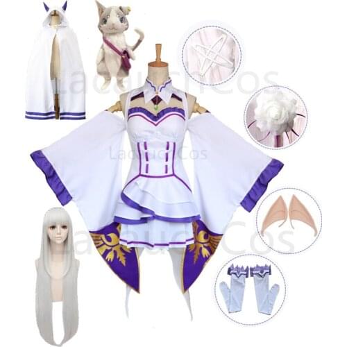 Re Zero Kara Hajimeru Isekai Seikatsu Cosplay Costumes Emilia Full Set Anime Dress Wig Cloak Elf ears Headdress Hairpin Parker