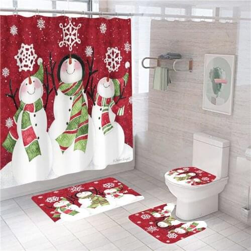 Christmas Cartoon Shower Curtain Snowman Polyester Hooks Cloth Bathroom Curtain Festival Decor Bath Mat Set Toilet Accessories
