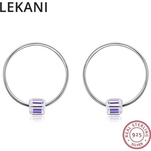 LEKANI Colorful Cube Shaped Crystals From Swarovski Circle Stud Earrings Piercing S925 Silver Fine Jewelry For Women Girls Gift