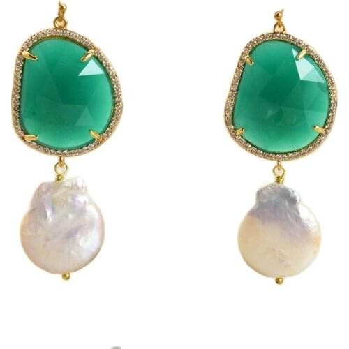 GG Jewelry Cultured White Keshi Pearl Green Crystal Cz Pace Hook Dangle Earrings