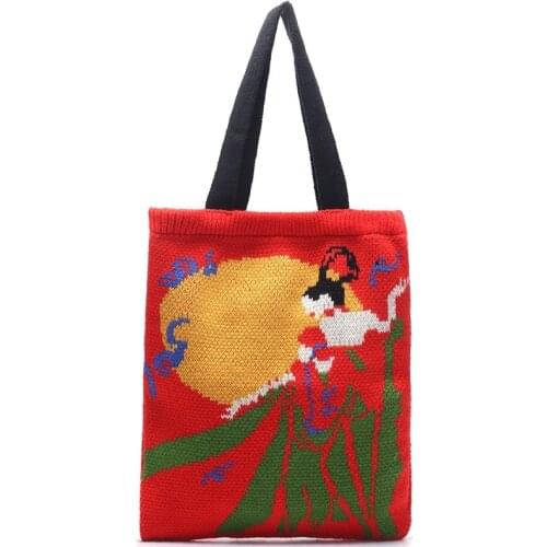Women Chinese Traditional Knitting Top-handle Tote Bag 2021 Female Fashion Daily Open Soft Woolen Farbic Crochet Shopper Handbag