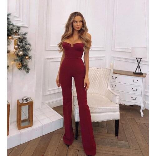 Fashion new womens personality pearl sling waist slimming sexy wrapped chest strap jumpsuit celebrity wine red evening dress 21
