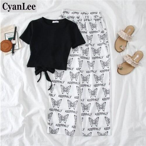 Cyanlee 2 Pieces Sets Women Casual Elastic High Waist Print Long Baggy Joggers Pants And Black Tops Girl Sweatpants Loose Sets