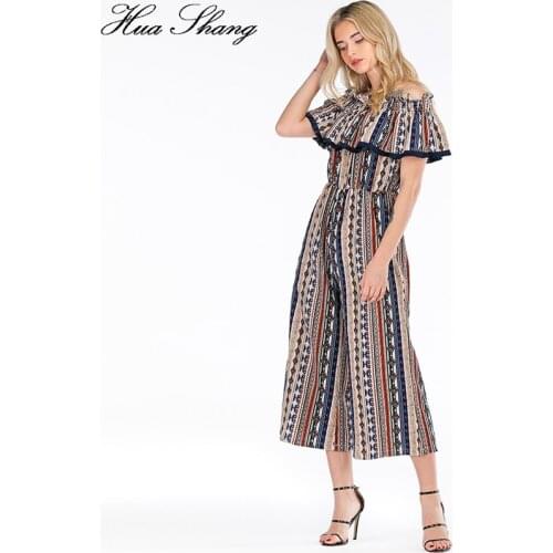 Jumpsuit Summer 2019 Women Ruffles Slash Neck Off Shoulder Sexy Romper Pockets High Waist Retro Printing Vintage Overalls