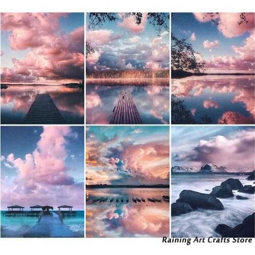 5D Diamond Painting Pink Clouds Seaside Picture of Rhinestones Mosaic Natural Landscape Cross Stitch Embroidery Handmade Decor