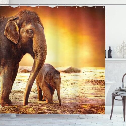 Africa Elephant Shower Curtain Set Baby and Mommy Animal Sunset Curtain for Bathroom Decor 12 Hooks Decorative Bath Accessory