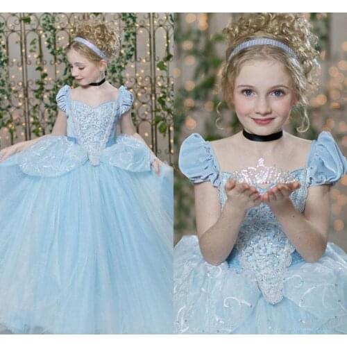 Cinderella Pageant Dresses For Teens Short Cap Sleeve Pleats Sequins Sky Blue Kids Ball Gown Girl Birthday Prom Dress