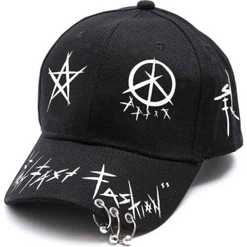 Men Women Black White Graffiti Printed Baseball Cap with 3 Metal Rings Harajuku Hip Hop Adjustable Snapback Trucker Hat