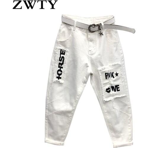 ZWTY White Casual Pants Womens 2021 Spring Autumn New Trend Letter Patch Loose Baggy Pants Nine Denim Harem Pants Streetwear