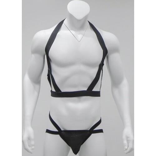 Men Exotic Body Chest Harness Bondage Hot Elastic Male Sexy Bondage Underwear Men Lingerie Wide Straps Thong Jockstrap Set