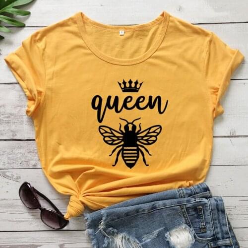 Queen Bee Pure Cotton T-shirt Cute 90s Bee Lover Gift Tshirt Casual Women Short Sleeve Graphic Honey Bee Yellow Top Tee Shirt