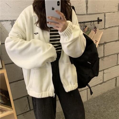 Zip-up Hoodie Women Loose Plus Fleece sweatshirt Pockets Letter Casual Oversized Harajuku Streetwear Womens tops clothes Trendy