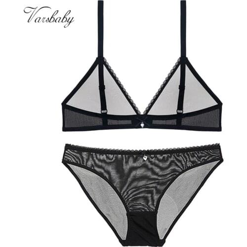 Varsbaby sexy deep V transparent unlined underwear sequined breathable wire free bra and panty set